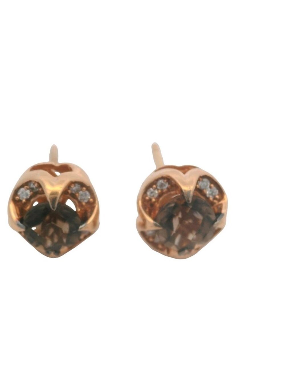 LeVian Solid 14kt Rose Gold "Chocolate" Smoky Quartz and Diamond Stud Earrings